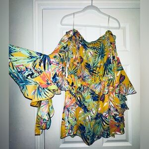 Truth NYC Tropical Off Shoulder Ruffle Romper Mustard Multi Women’s Large